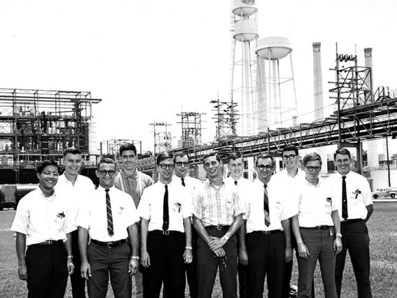 Men standing, wearing white shirts and ties, DuPont summer engineers, 1967