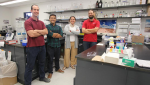 Biosystems engineering graduate student Cameron Malloy, chemical and environmental engineering assistant professors Suchol Savagatrup and Vicky Karanikola, and chemical engineering graduate student Jack Welchert.