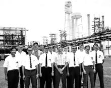 Men standing, wearing white shirts and ties, DuPont summer engineers, 1967
