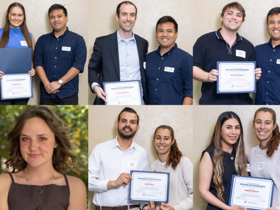The six outstanding students and teaching assistants in chemical and environmental engineering pose with the faculty who nominated them.