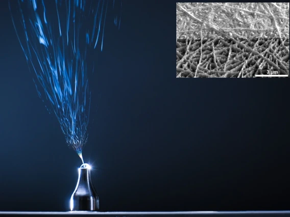 A microscope image of electrospinning fibers into solution-processed electronic thin films.