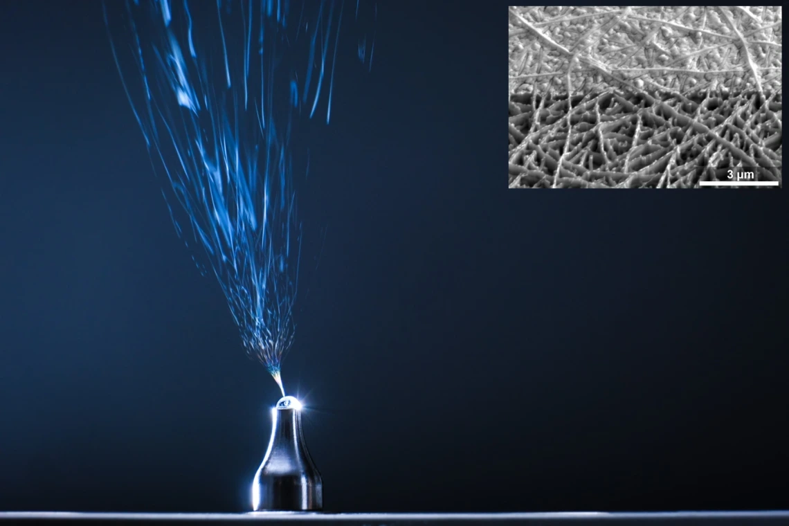 A microscope image of electrospinning fibers into solution-processed electronic thin films.